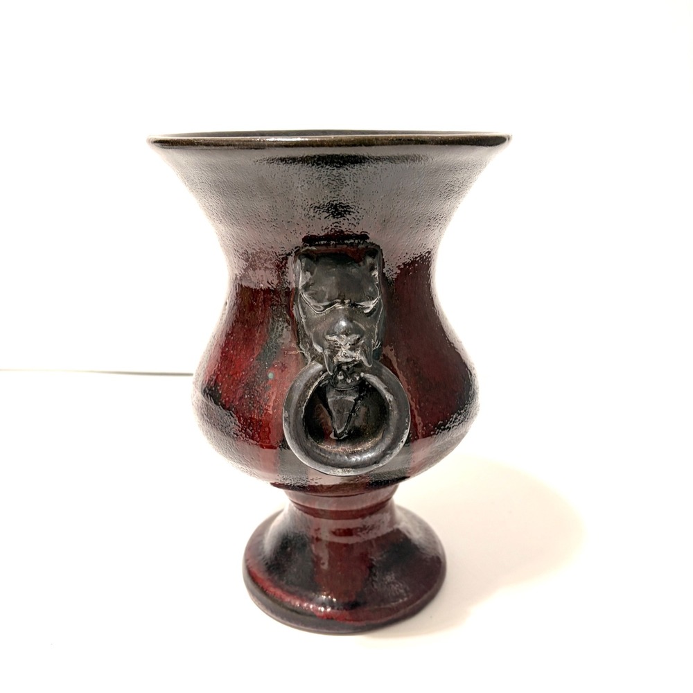RARE Gargoyle Handle Urn Vase Oxblood Red Black Volcanic Glaze Terracotta 8.5" - Picture 3 of 16